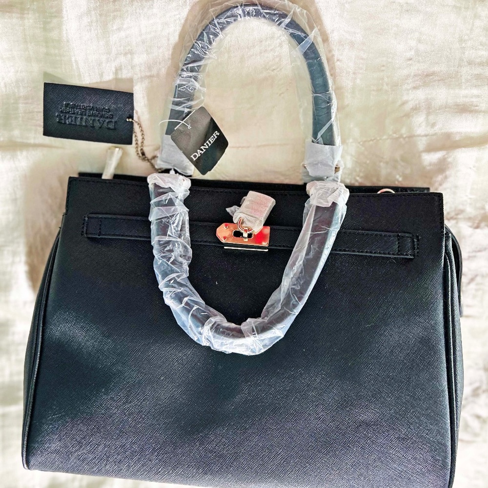 SATCHEL/SHOULDER BAG, DANIER LEATHER, BLACK, POCKETS, FRONT ACCENT LIKE A BIRKIN